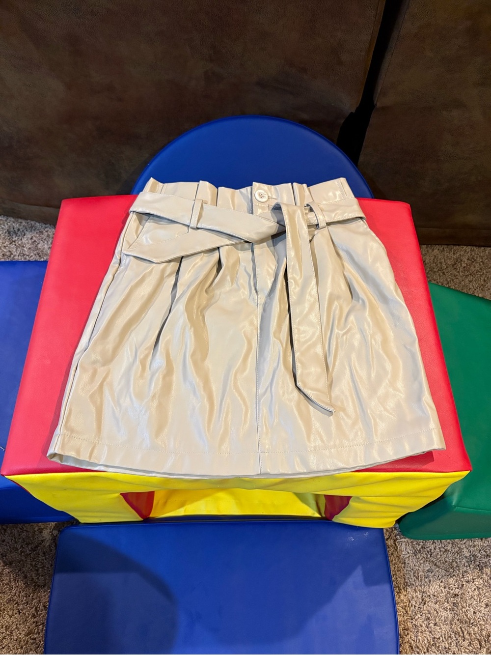 Kendall & Kylie Cream Paperbag Waist Mini Skirt with Tie Belt
